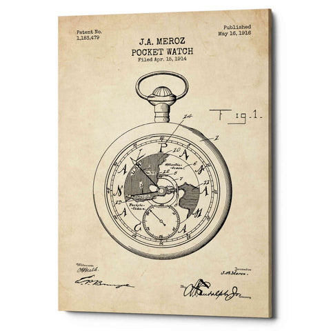Image of 'Pocket Watch Blueprint Patent Parchment' Canvas Wall Art