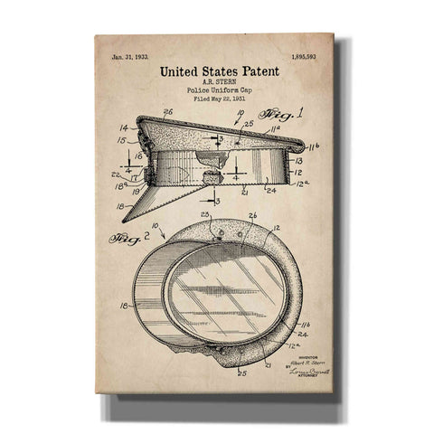 Image of 'Police Uniform Cap Blueprint Patent Parchment' Canvas Wall Art