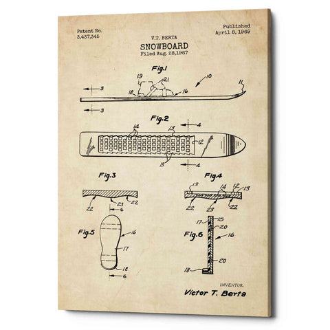 Image of 'Snowboard, 1969 Blueprint Parchment Patent' Canvas Wall Art