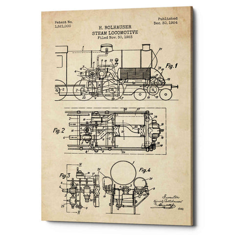 Image of 'Steam Locomotive Blueprint Parchment Patent' Canvas Wall Art