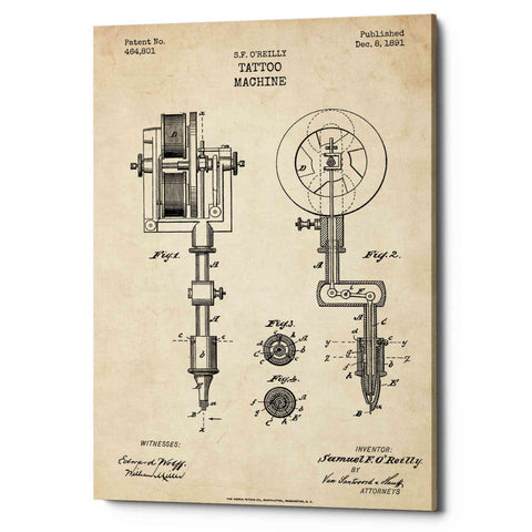 Image of 'Tattoo Machine Blueprint Patent Parchment' Canvas Wall Art