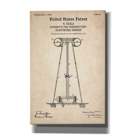 Image of 'Tesla Apparatus for Transmitting Electrical Energy Blueprint Patent Parchment' Canvas Wall Art