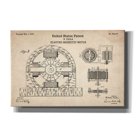 Image of 'Tesla Electro Magnetic Motor Blueprint Patent Parchment' Canvas Wall Art