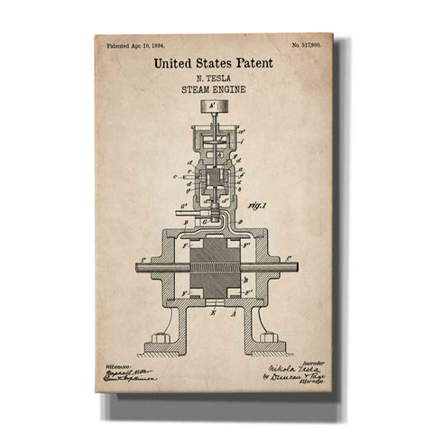 Image of 'Tesla Steam Engine Blueprint Patent Parchment' Canvas Wall Art