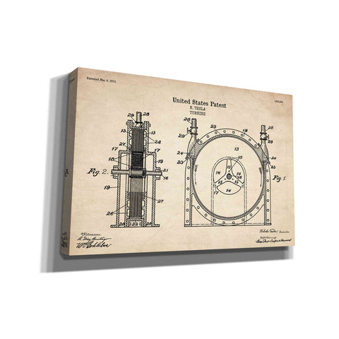Image of 'Tesla Turbine Blueprint Patent Parchment' Canvas Wall Art
