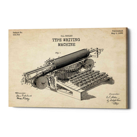 Image of 'Type Writing Machine Blueprint Patent Parchment' Canvas Wall Art