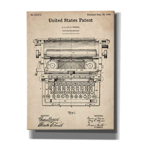 Image of 'Typewriter Vintage Patent Blueprint' Canvas Wall Art
