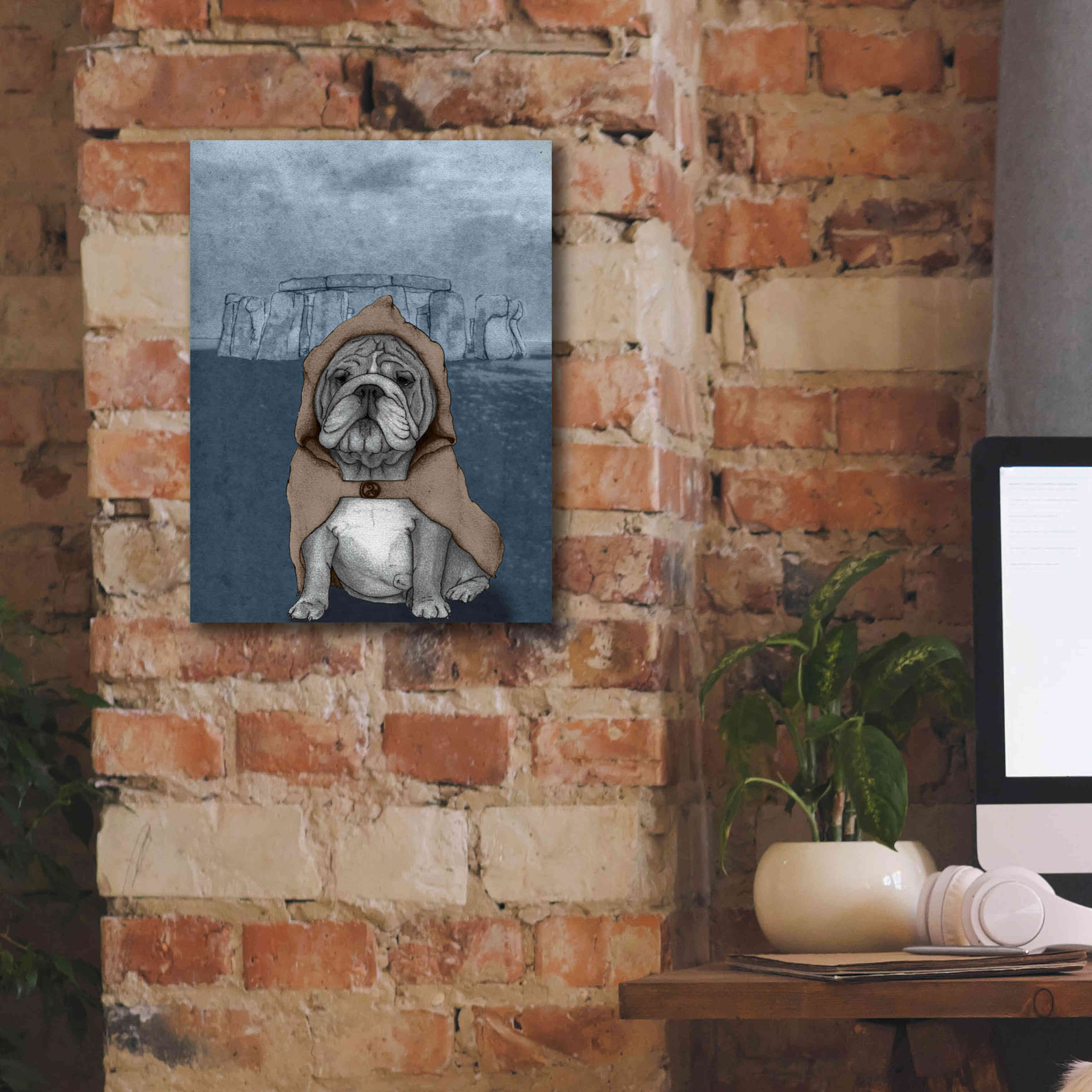 'English Bulldog with Stonehenge' by Barruf Giclee Canvas Wall Art,12x16