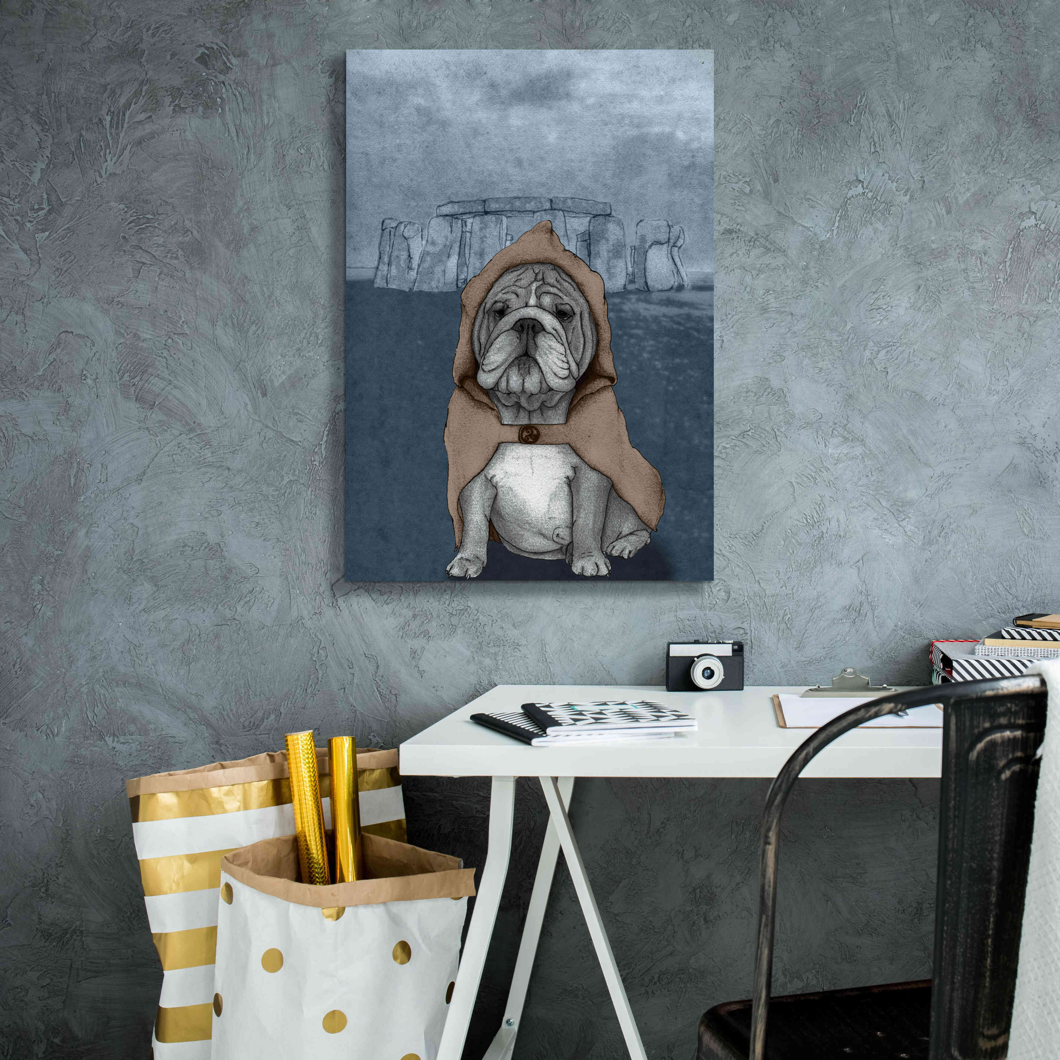 'English Bulldog with Stonehenge' by Barruf Giclee Canvas Wall Art,18x26