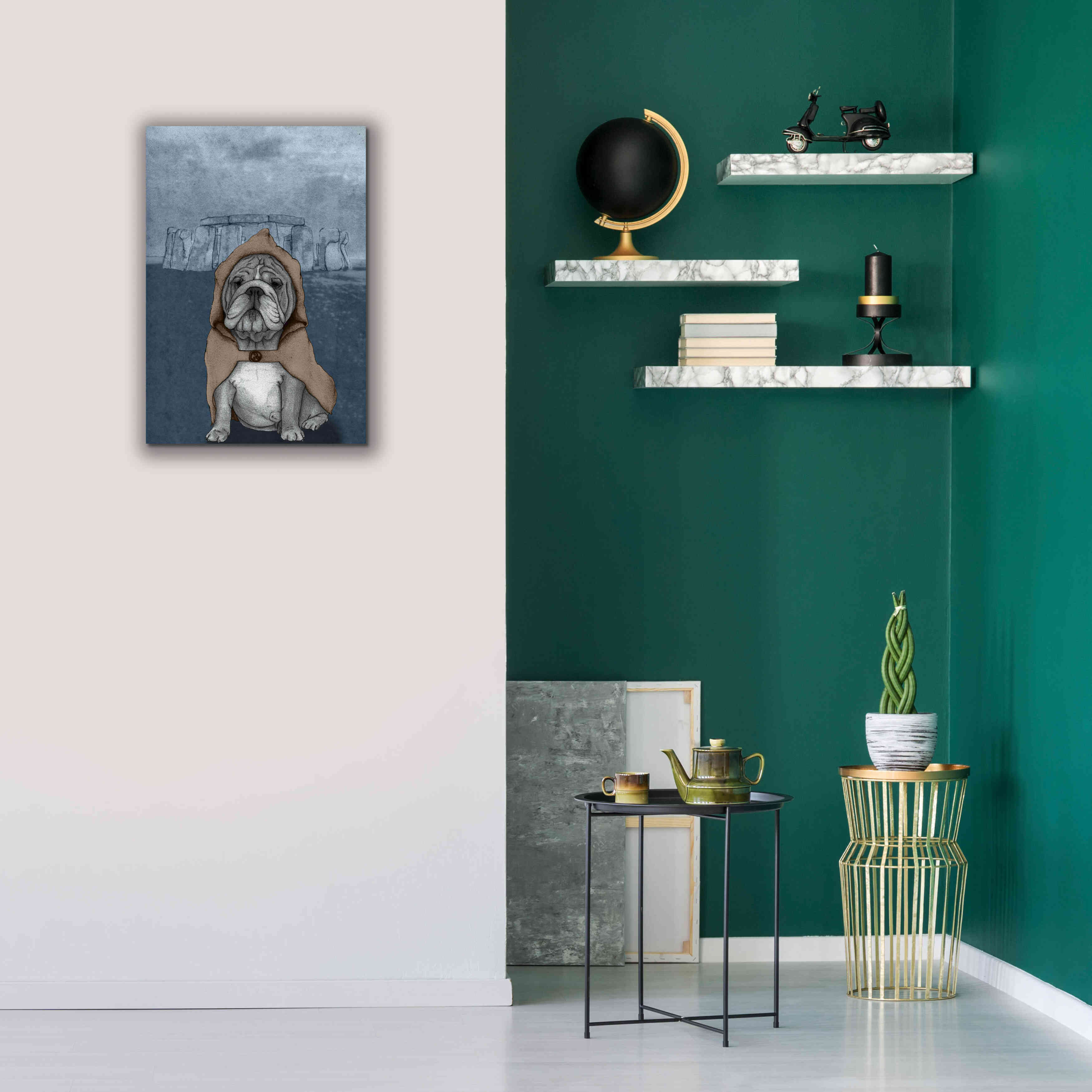 'English Bulldog with Stonehenge' by Barruf Giclee Canvas Wall Art,18x26