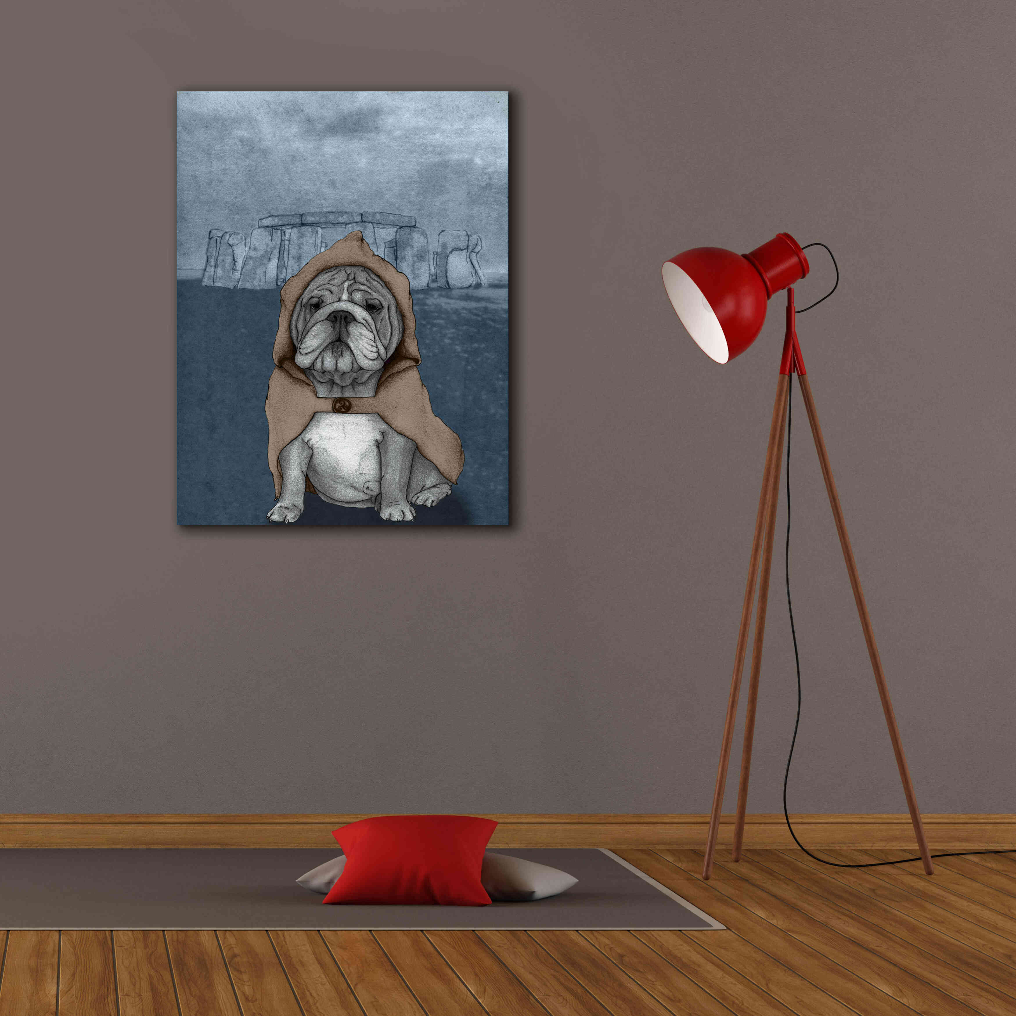 'English Bulldog with Stonehenge' by Barruf Giclee Canvas Wall Art,26x34