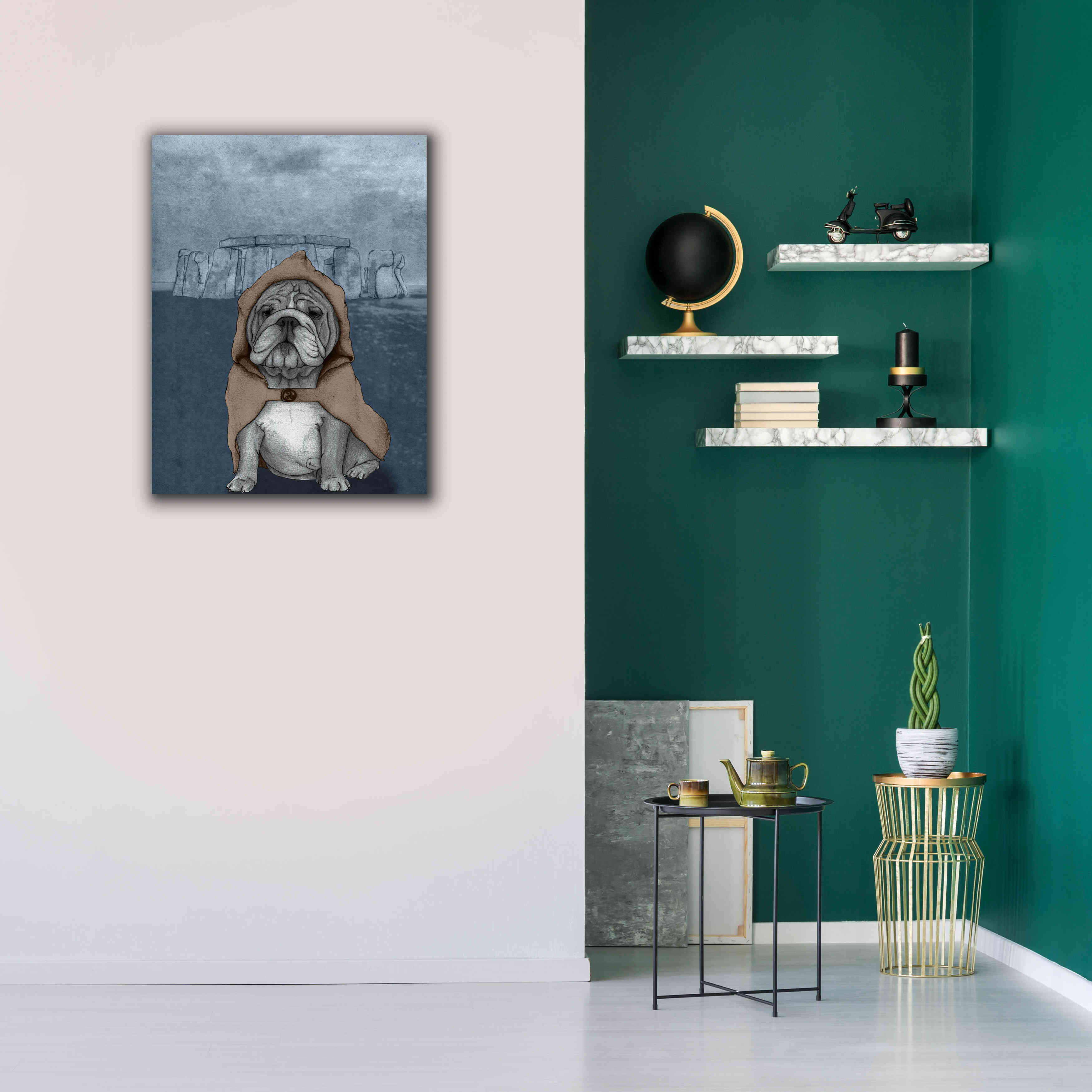 'English Bulldog with Stonehenge' by Barruf Giclee Canvas Wall Art,26x34