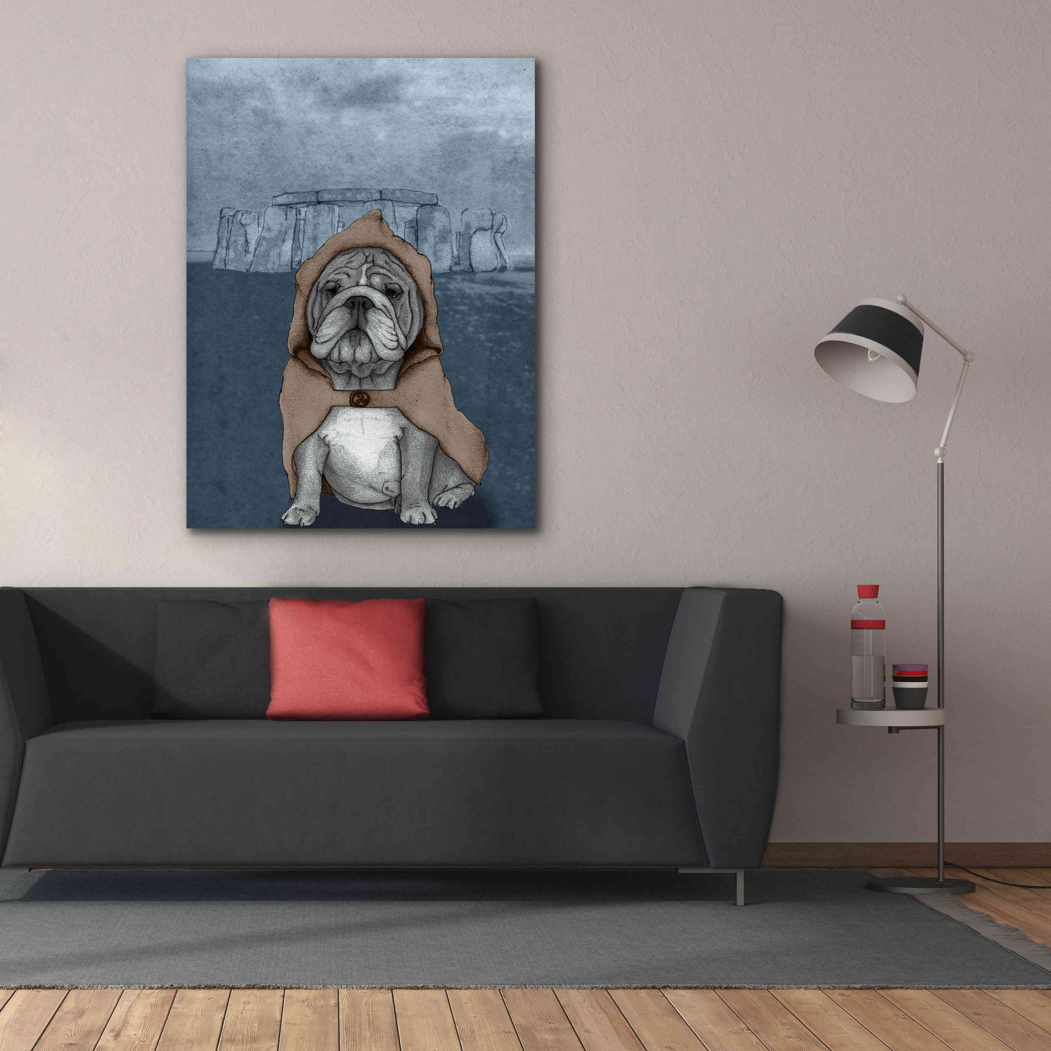 'English Bulldog with Stonehenge' by Barruf Giclee Canvas Wall Art,40x54