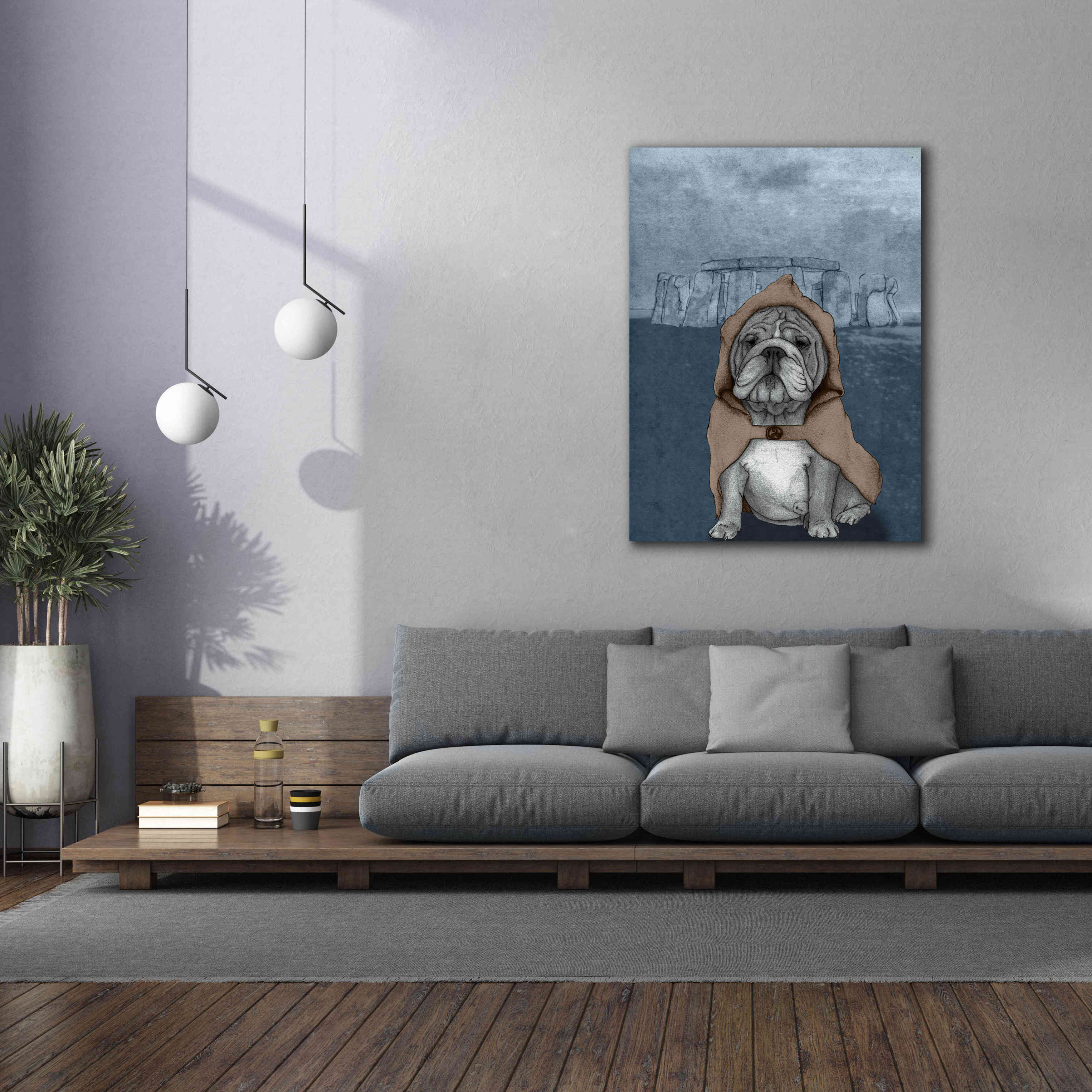 'English Bulldog with Stonehenge' by Barruf Giclee Canvas Wall Art,40x54