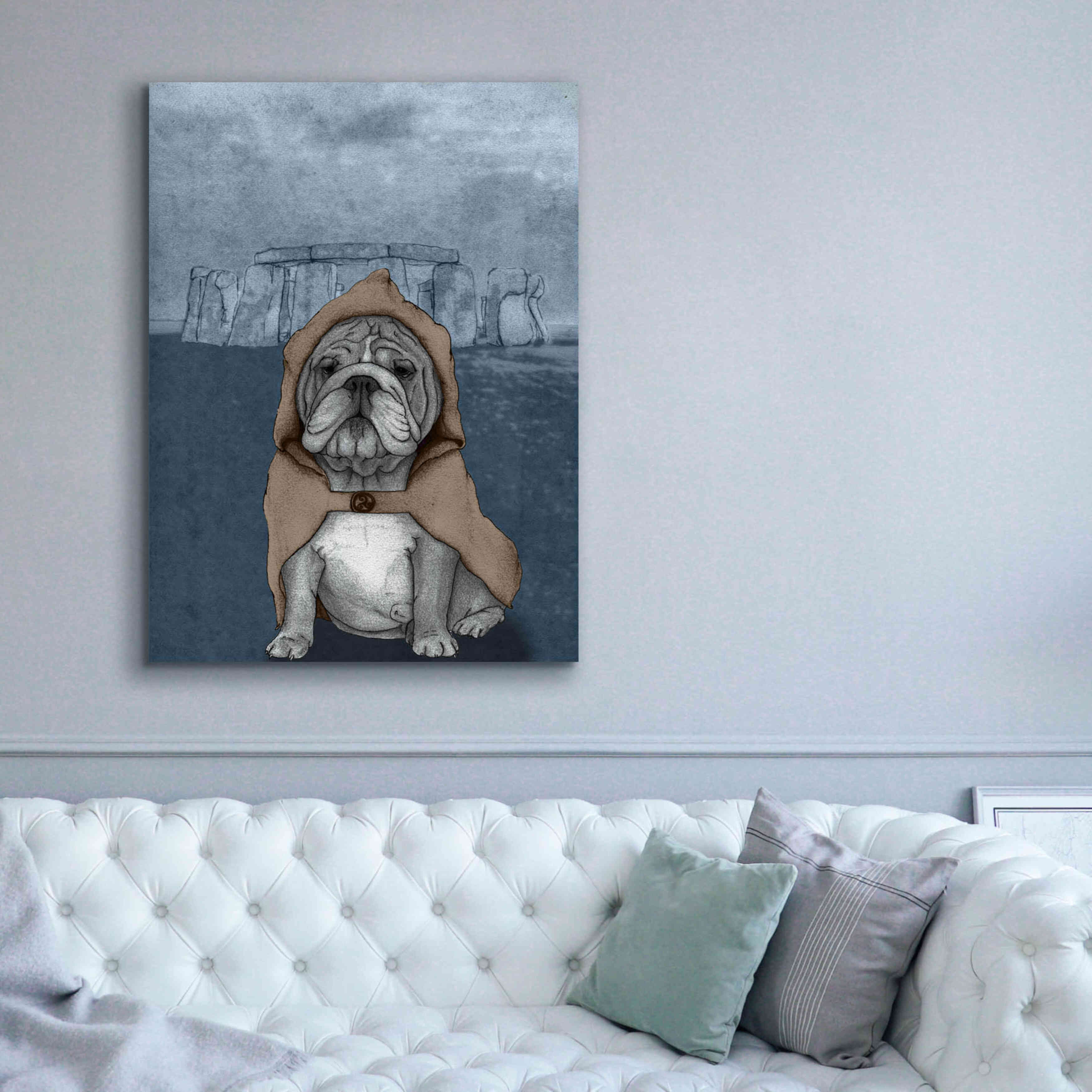 'English Bulldog with Stonehenge' by Barruf Giclee Canvas Wall Art,40x54