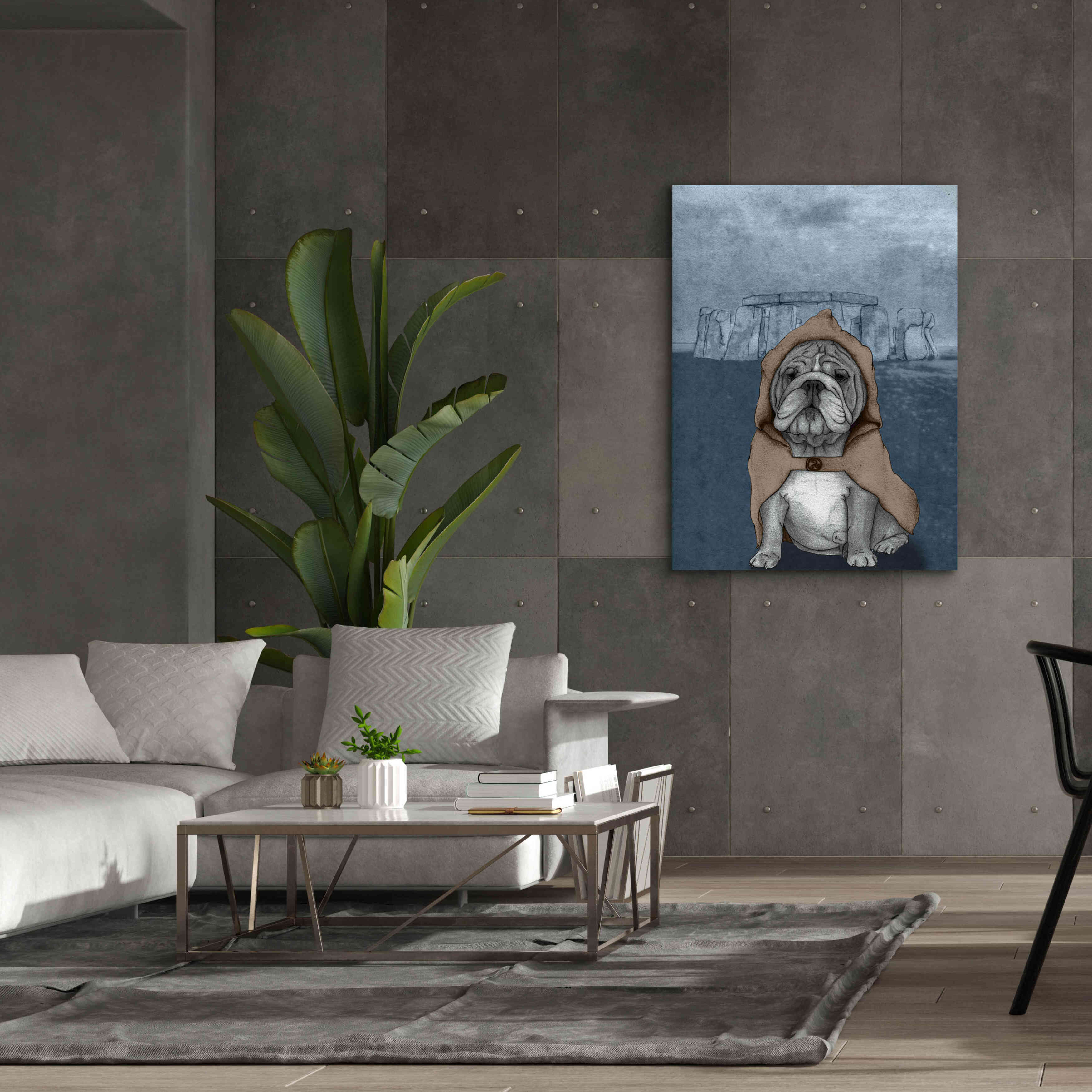'English Bulldog with Stonehenge' by Barruf Giclee Canvas Wall Art,40x54