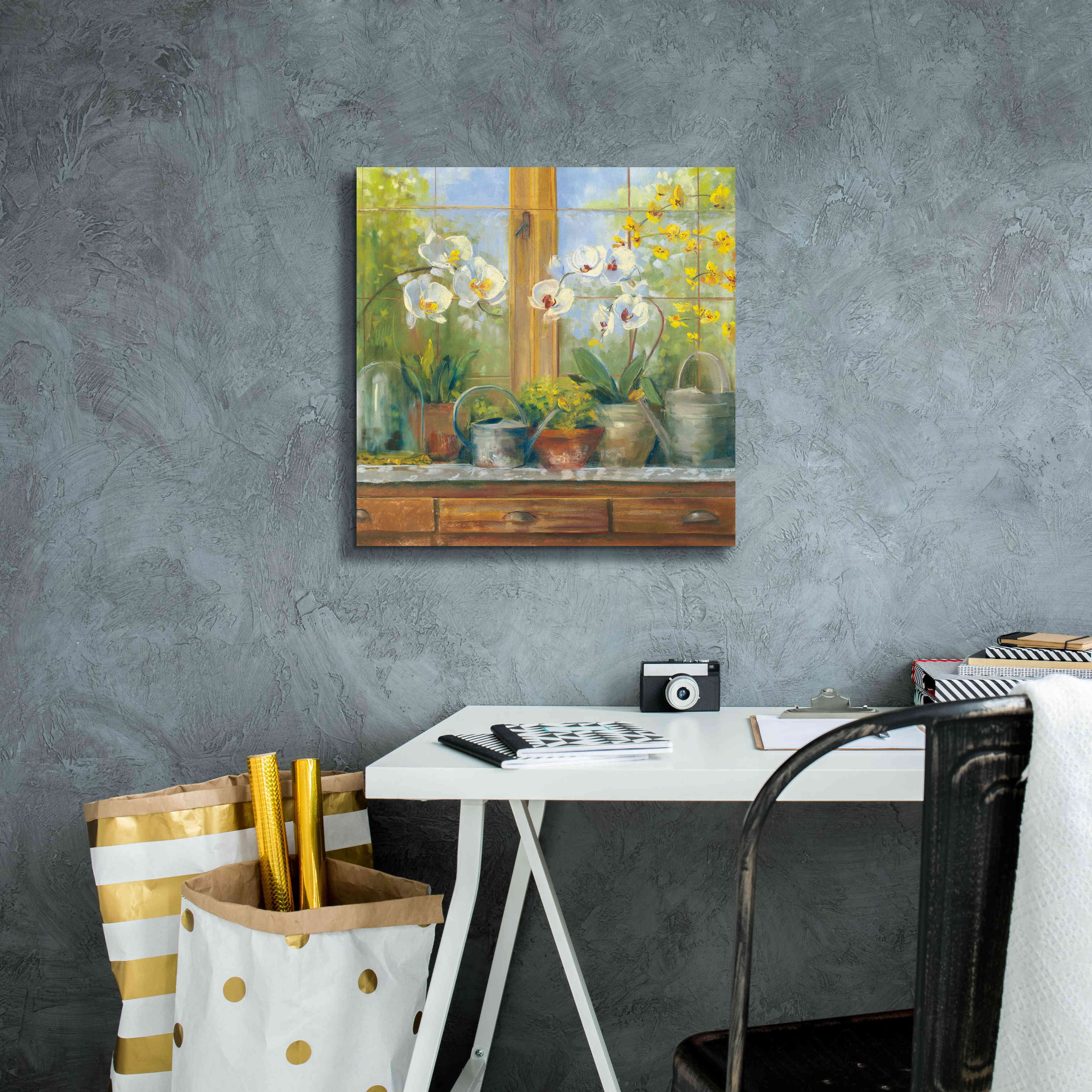 'Gardeners Table Orchids' by Carol Rowan, Giclee Canvas Wall Art,18x18