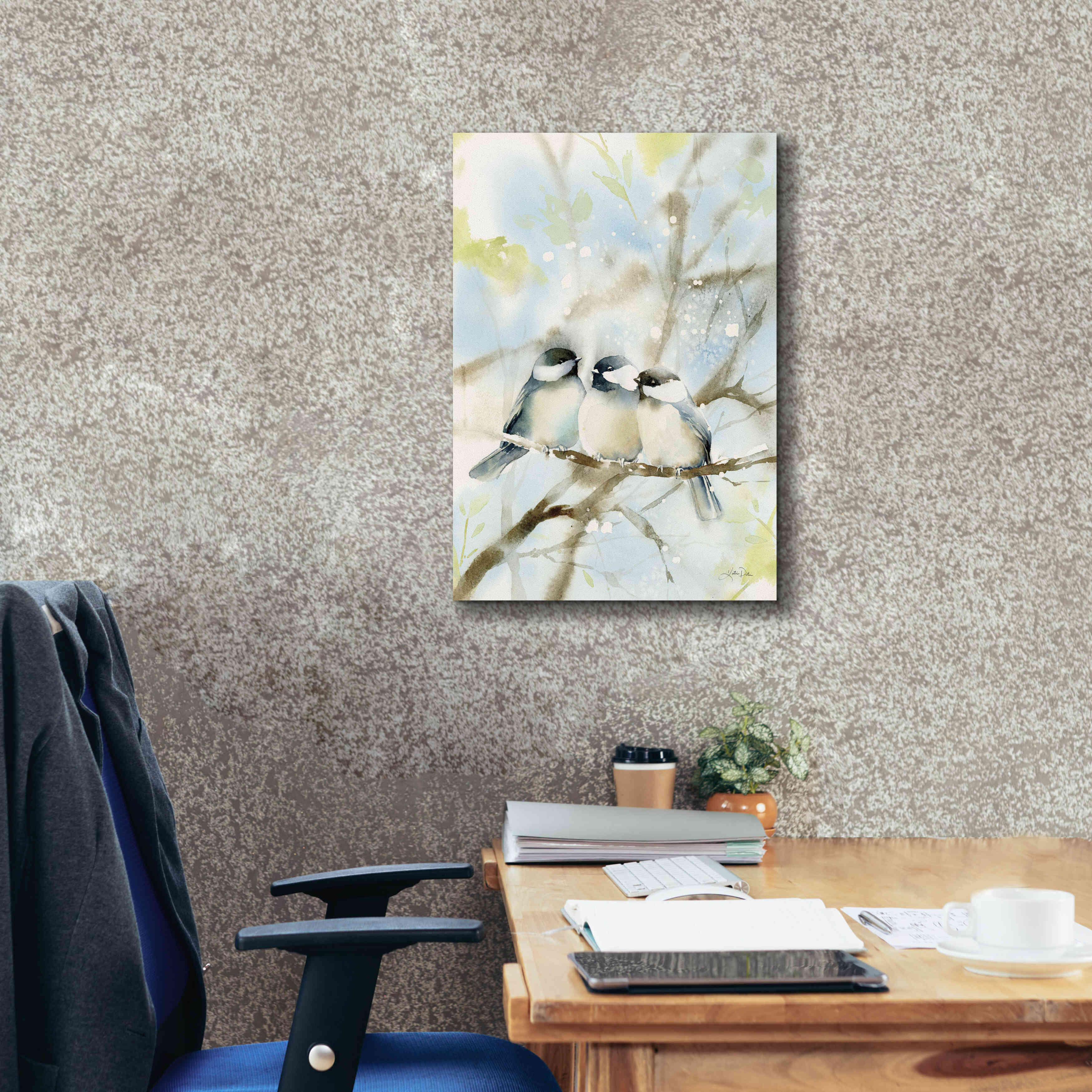 'Three Chickadees in Spring' by Katrina Pete, Giclee Canvas Wall Art,18x26