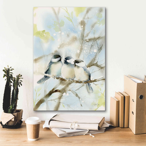 Image of 'Three Chickadees in Spring' by Katrina Pete, Giclee Canvas Wall Art,18x26
