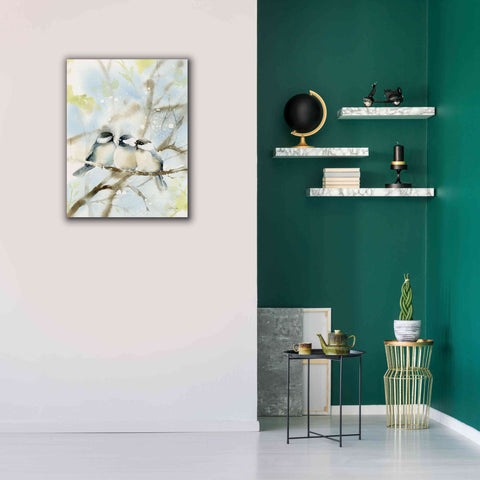 Image of 'Three Chickadees in Spring' by Katrina Pete, Giclee Canvas Wall Art,26x34