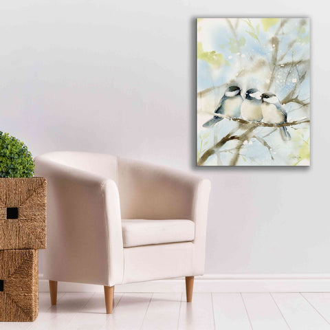 Image of 'Three Chickadees in Spring' by Katrina Pete, Giclee Canvas Wall Art,26x34