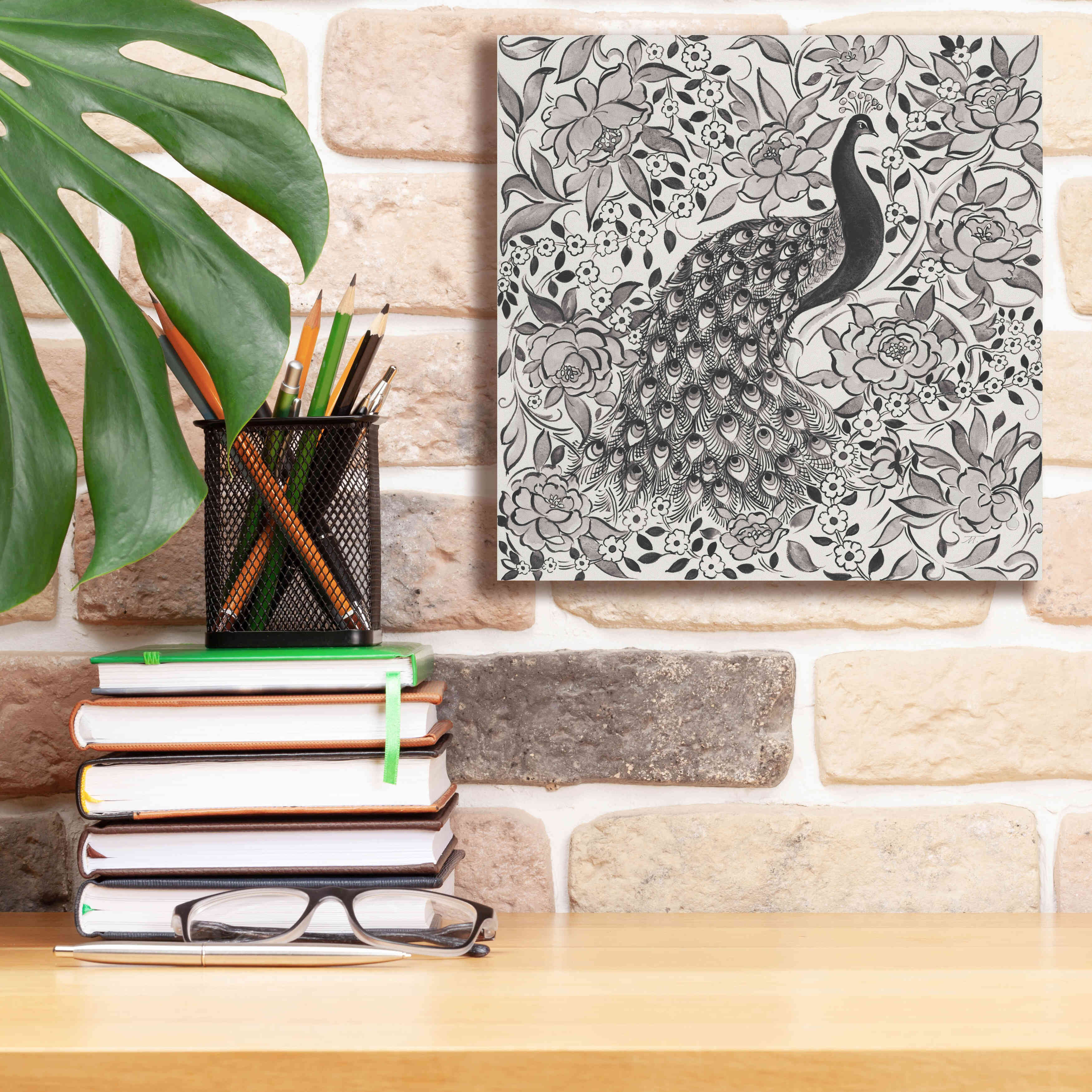 'Peacock Garden III BW' by Miranda Thomas, Giclee Canvas Wall Art,12x12