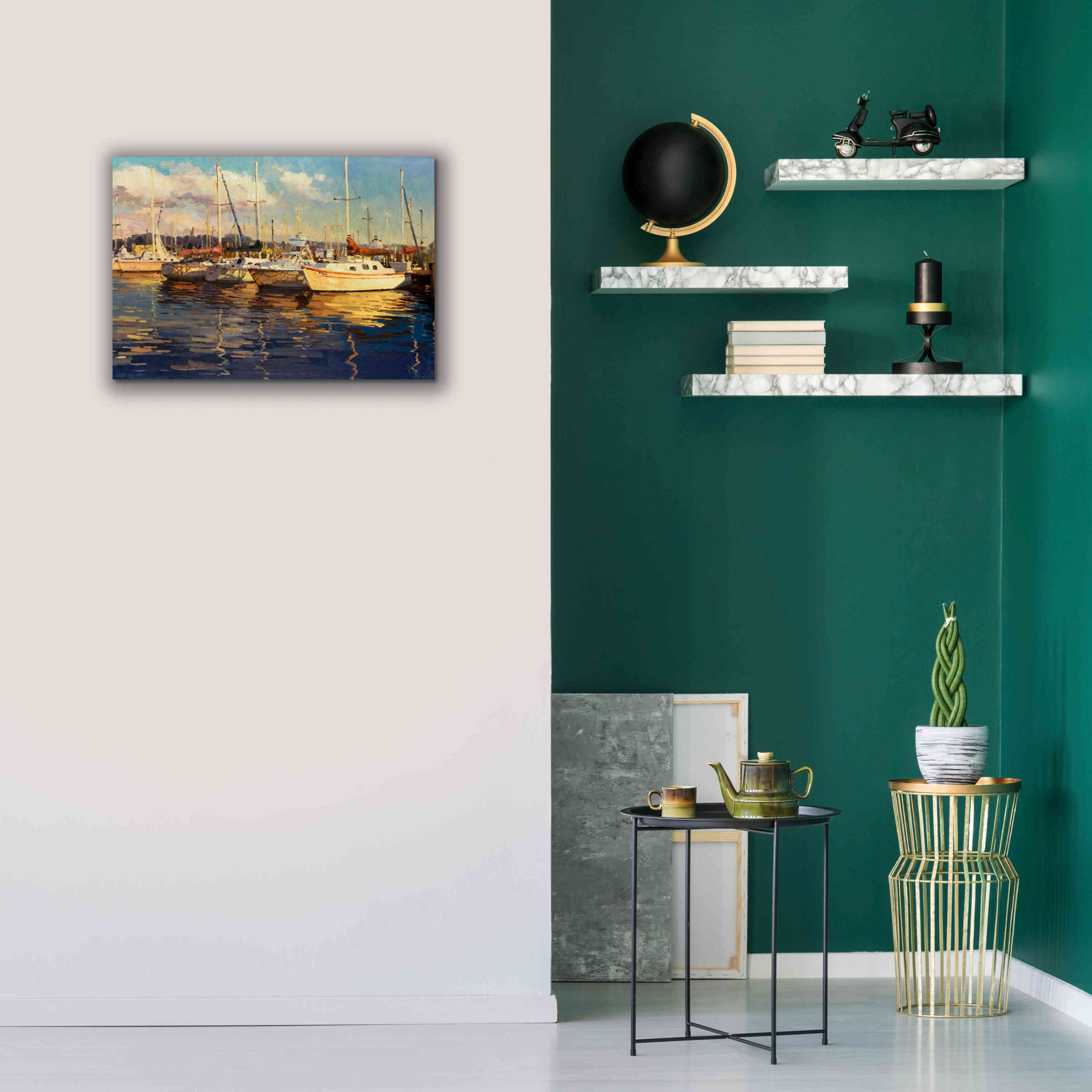 'Boats on Glassy Harbor' by Furtesen, Giclee Canvas Wall Art,26x18