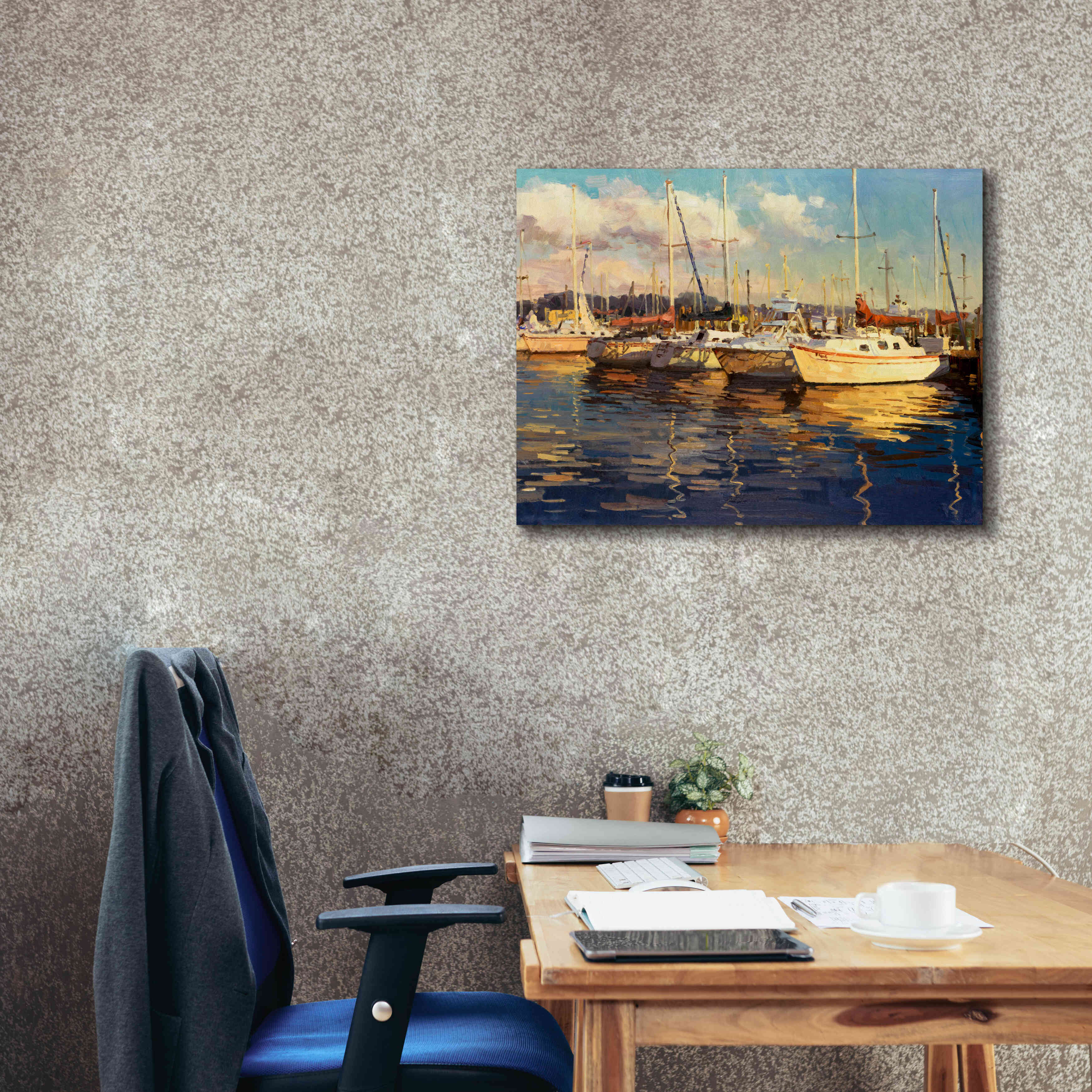 'Boats on Glassy Harbor' by Furtesen, Giclee Canvas Wall Art,34x26