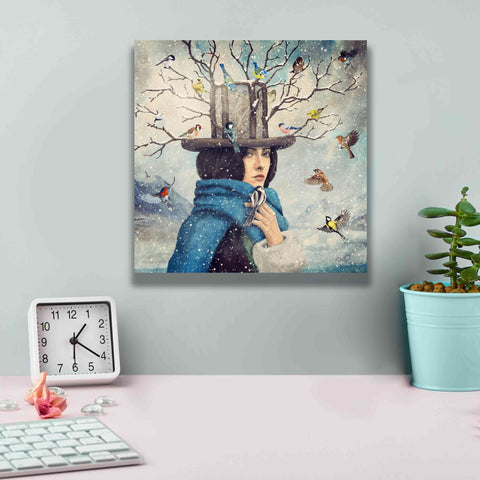 Image of 'The Lady With The Bird Feeder Hat' by Paula Belle Flores, Giclee Canvas Wall Art,12 x 12