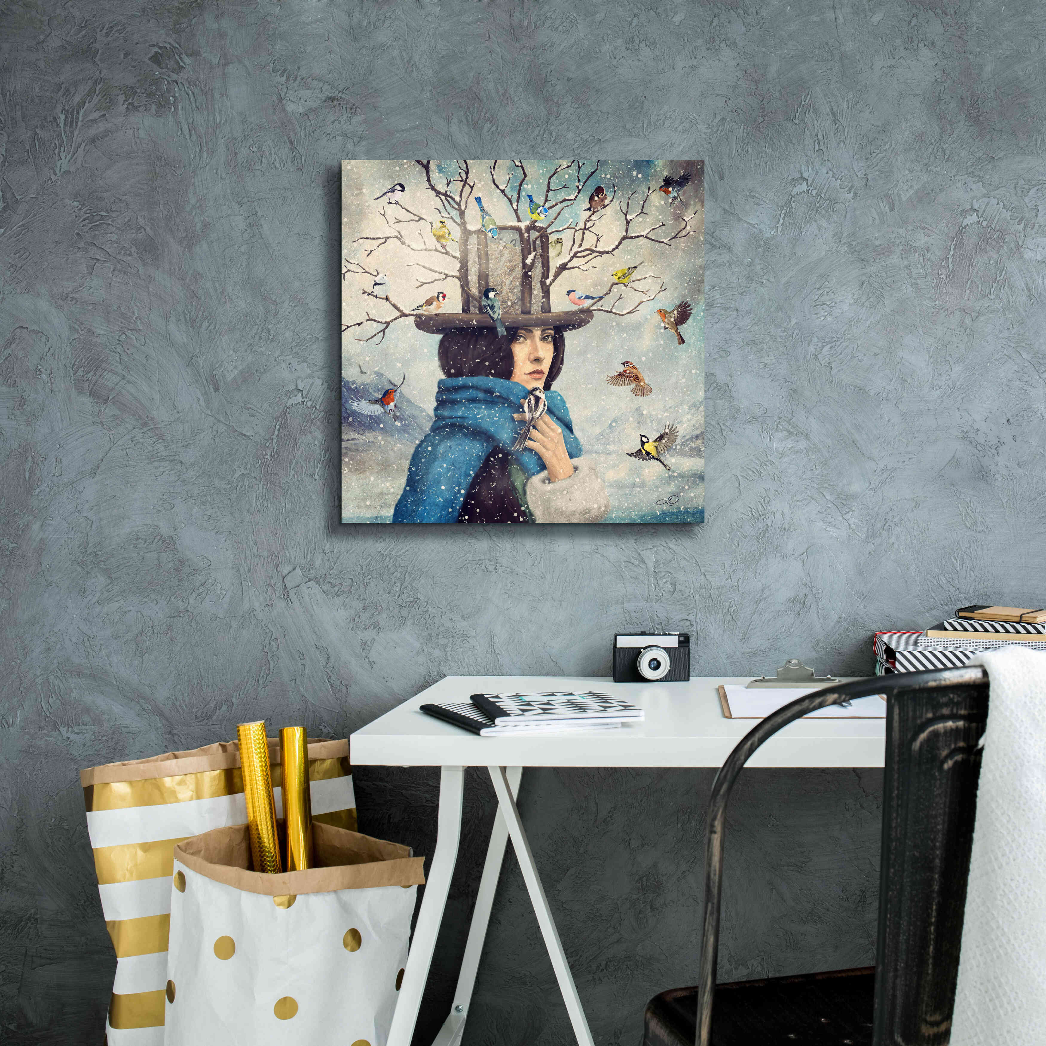 'The Lady With The Bird Feeder Hat' by Paula Belle Flores, Giclee Canvas Wall Art,18 x 18