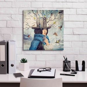 'The Lady With The Bird Feeder Hat' by Paula Belle Flores, Giclee Canvas Wall Art,18 x 18