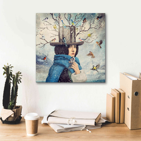 Image of 'The Lady With The Bird Feeder Hat' by Paula Belle Flores, Giclee Canvas Wall Art,18 x 18