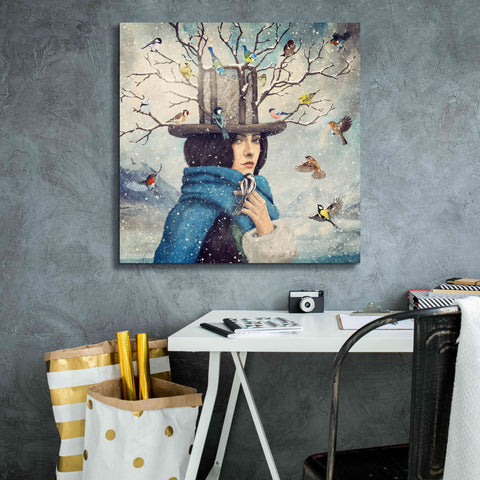 Image of 'The Lady With The Bird Feeder Hat' by Paula Belle Flores, Giclee Canvas Wall Art,26 x 26