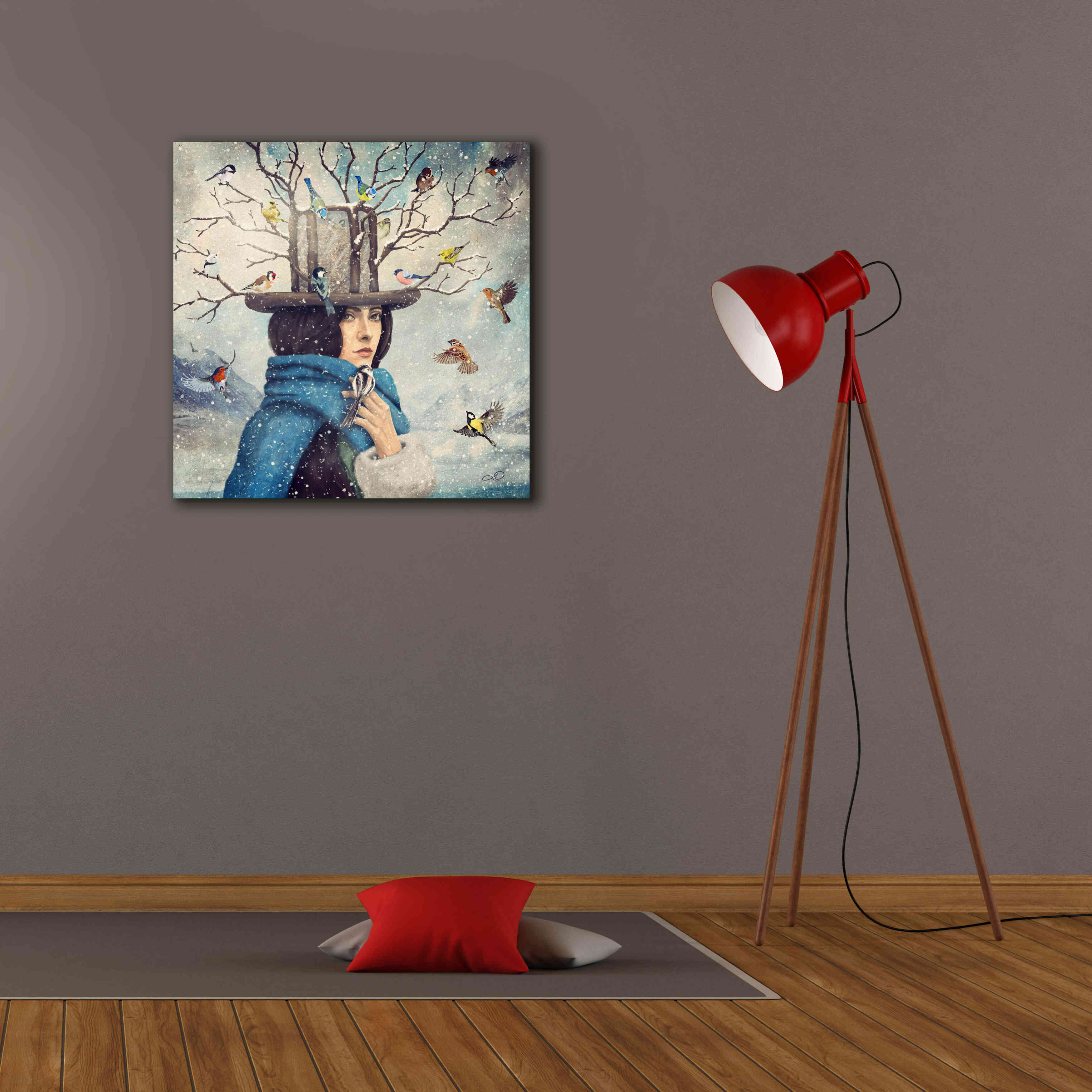 'The Lady With The Bird Feeder Hat' by Paula Belle Flores, Giclee Canvas Wall Art,26 x 26