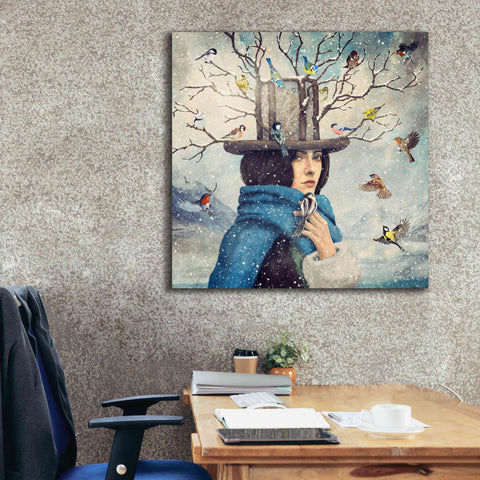 Image of 'The Lady With The Bird Feeder Hat' by Paula Belle Flores, Giclee Canvas Wall Art,37 x 37