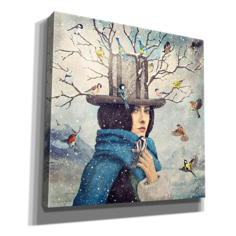 Image of 'The Lady With The Bird Feeder Hat' by Paula Belle Flores, Giclee Canvas Wall Art