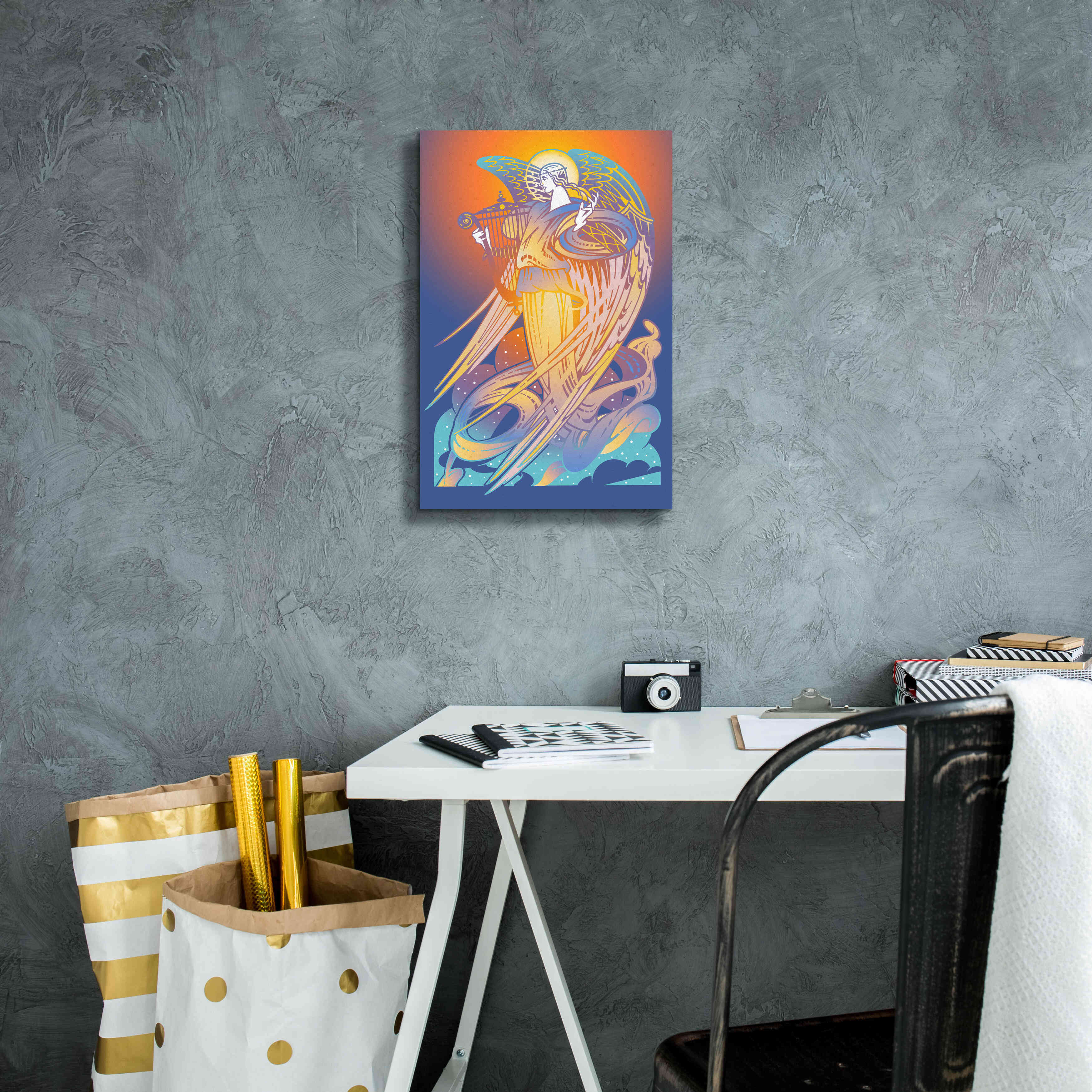 'New Angel With Harp' by David Chestnutt, Giclee Canvas Wall Art,12 x 18