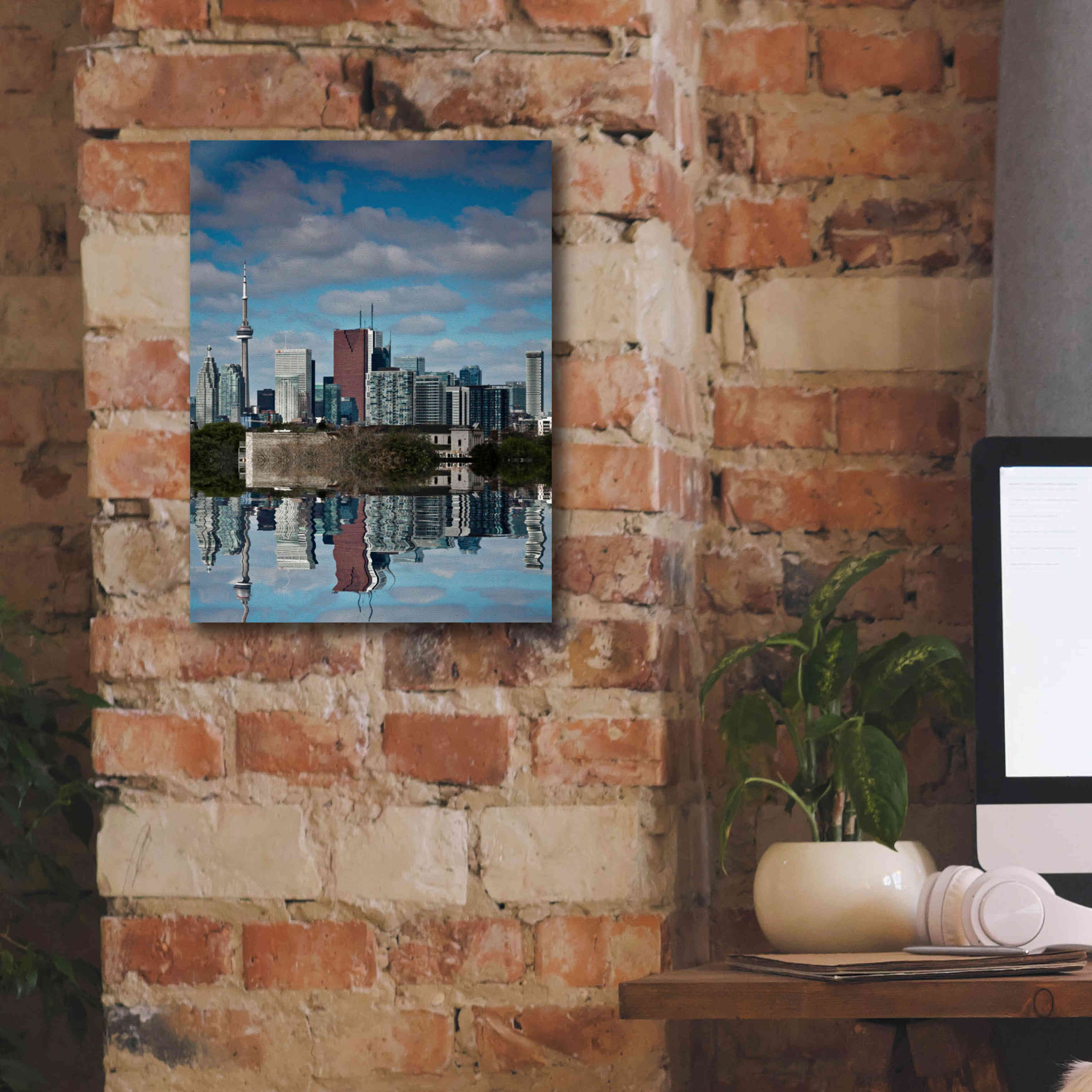 'Toronto Skyline From The Pape Ave Bridge Reflection No 1' by Brian Carson, Giclee Canvas Wall Art,12 x 16
