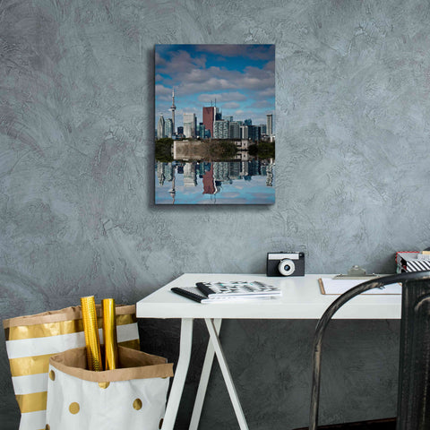 Image of 'Toronto Skyline From The Pape Ave Bridge Reflection No 1' by Brian Carson, Giclee Canvas Wall Art,12 x 16