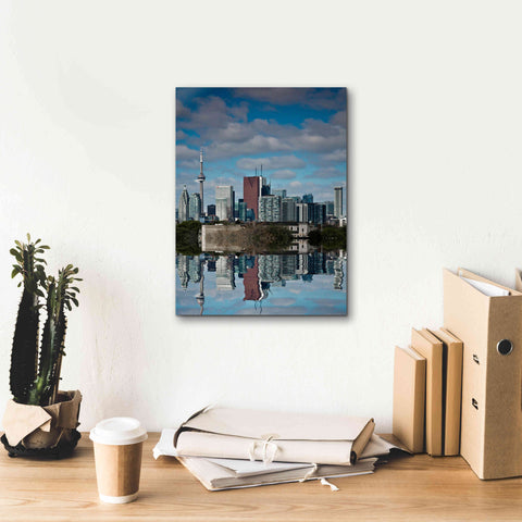 Image of 'Toronto Skyline From The Pape Ave Bridge Reflection No 1' by Brian Carson, Giclee Canvas Wall Art,12 x 16