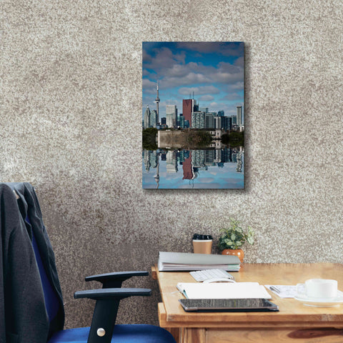 Image of 'Toronto Skyline From The Pape Ave Bridge Reflection No 1' by Brian Carson, Giclee Canvas Wall Art,18 x 26