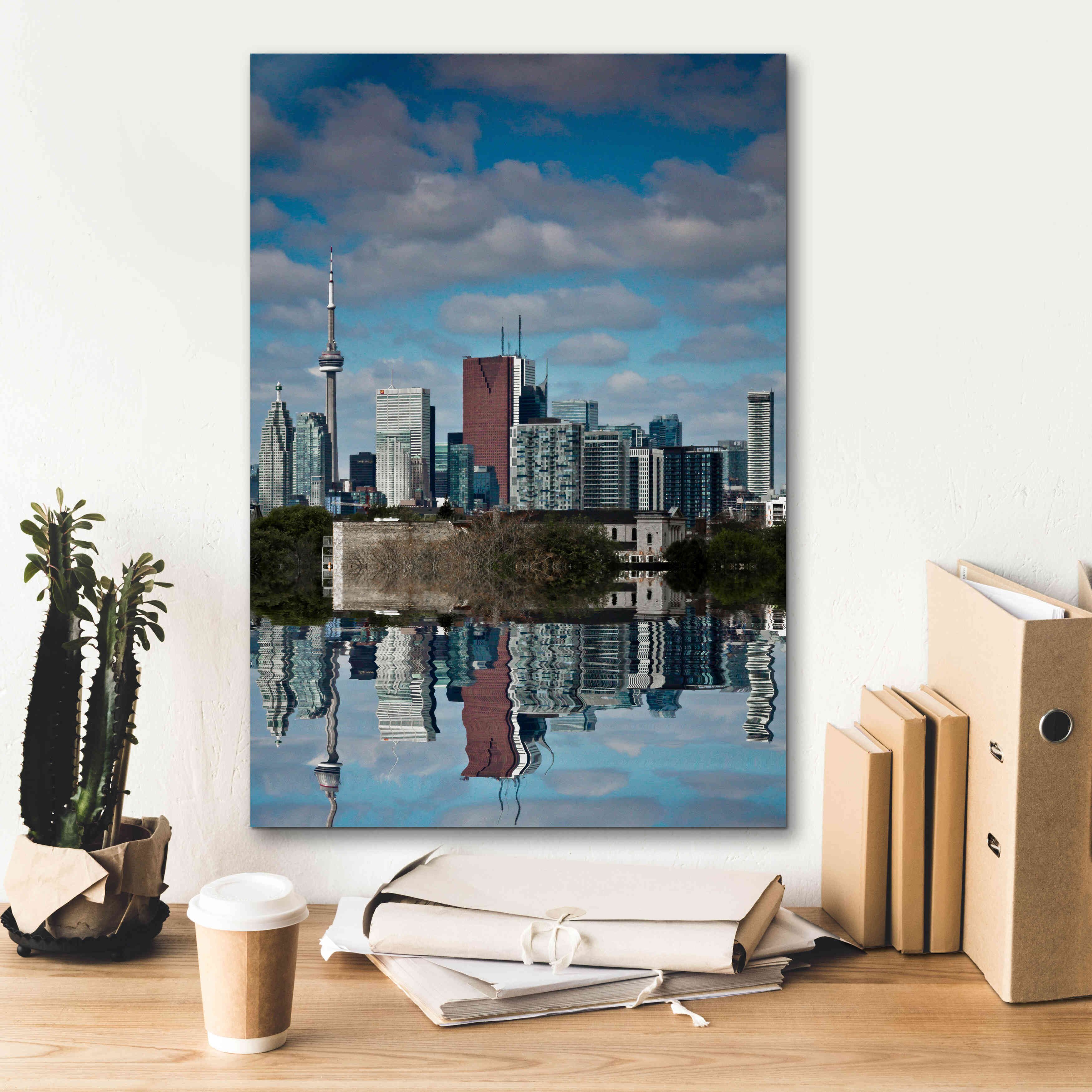 'Toronto Skyline From The Pape Ave Bridge Reflection No 1' by Brian Carson, Giclee Canvas Wall Art,18 x 26