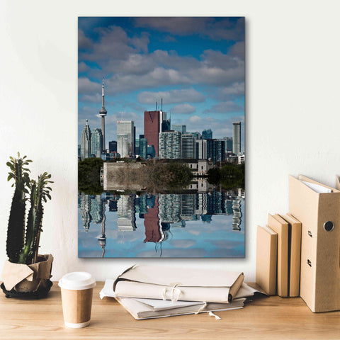 Image of 'Toronto Skyline From The Pape Ave Bridge Reflection No 1' by Brian Carson, Giclee Canvas Wall Art,18 x 26