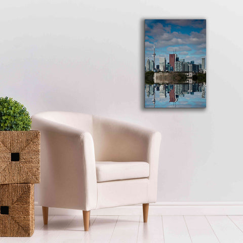 Image of 'Toronto Skyline From The Pape Ave Bridge Reflection No 1' by Brian Carson, Giclee Canvas Wall Art,18 x 26