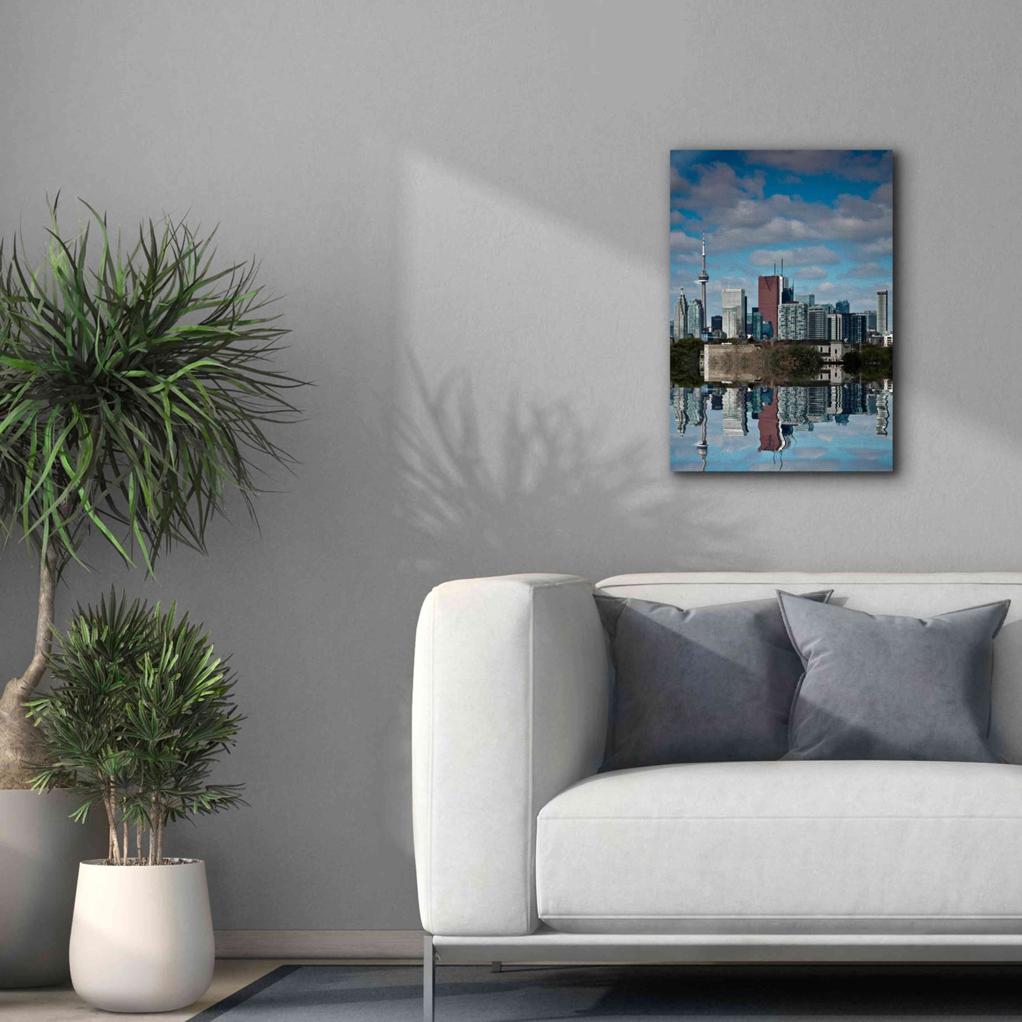 'Toronto Skyline From The Pape Ave Bridge Reflection No 1' by Brian Carson, Giclee Canvas Wall Art,18 x 26