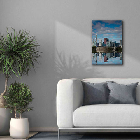 Image of 'Toronto Skyline From The Pape Ave Bridge Reflection No 1' by Brian Carson, Giclee Canvas Wall Art,18 x 26