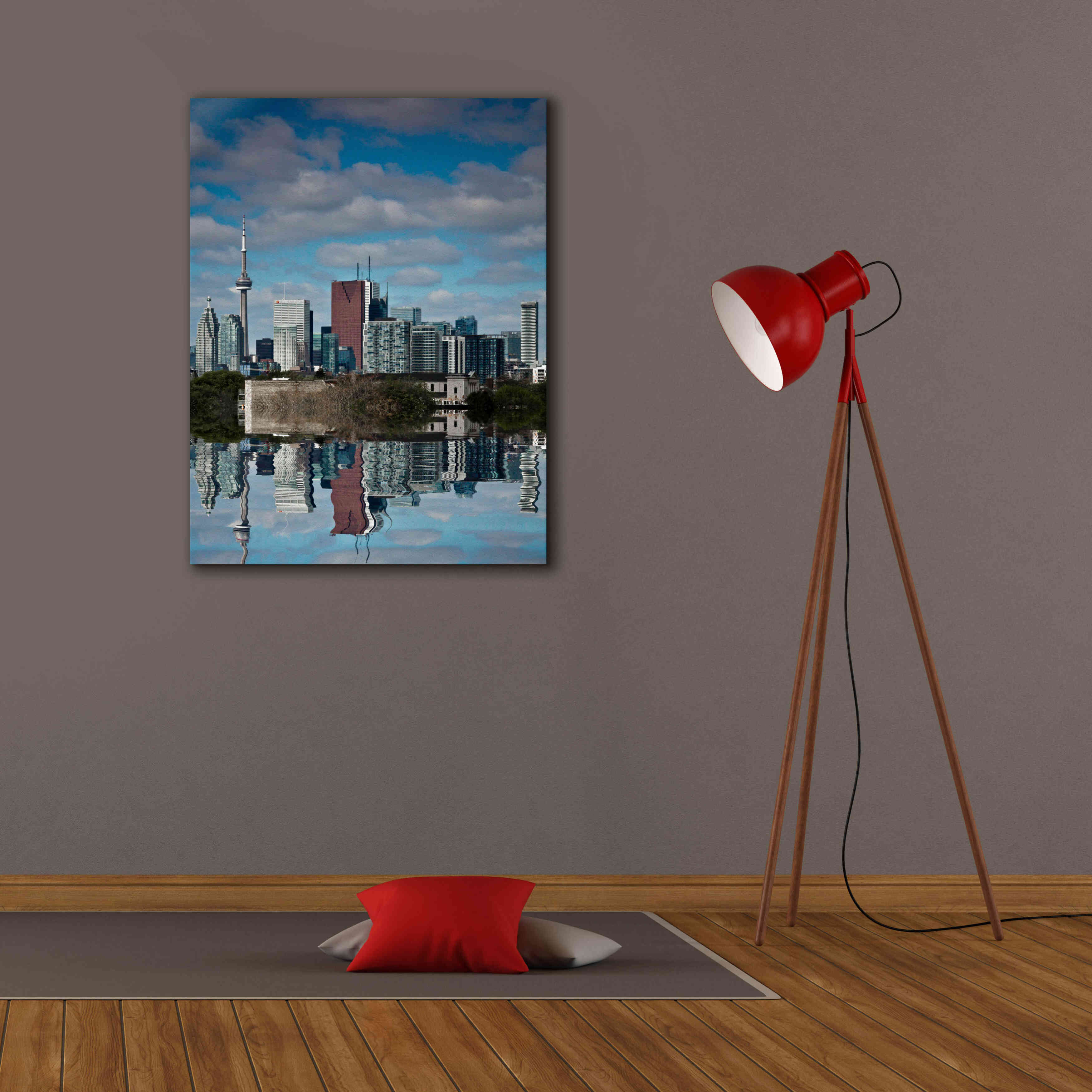 'Toronto Skyline From The Pape Ave Bridge Reflection No 1' by Brian Carson, Giclee Canvas Wall Art,26 x 34