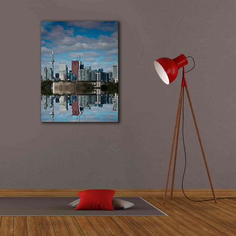 Image of 'Toronto Skyline From The Pape Ave Bridge Reflection No 1' by Brian Carson, Giclee Canvas Wall Art,26 x 34