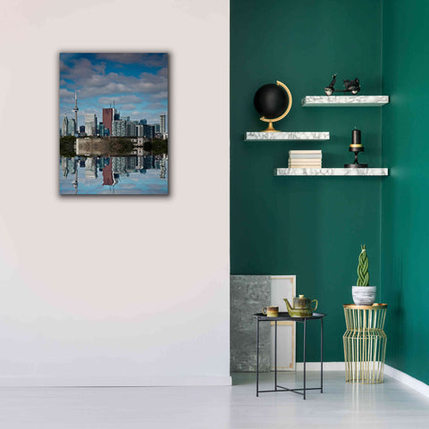 Image of 'Toronto Skyline From The Pape Ave Bridge Reflection No 1' by Brian Carson, Giclee Canvas Wall Art,26 x 34