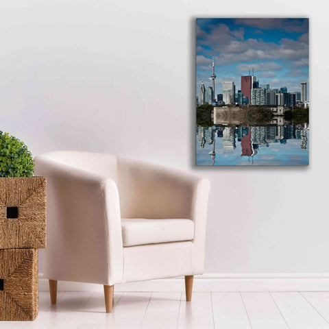 Image of 'Toronto Skyline From The Pape Ave Bridge Reflection No 1' by Brian Carson, Giclee Canvas Wall Art,26 x 34